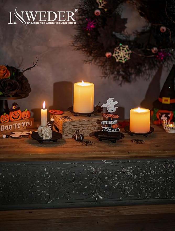 Cast Iron Pillar Candle Holder: 4.6 in Black Pillar Candle Plate Pedestal Stand Vintage Decorative Tray for 3 Wick Jar Candles Tealight Votive for Table Home Halloween Set of 2