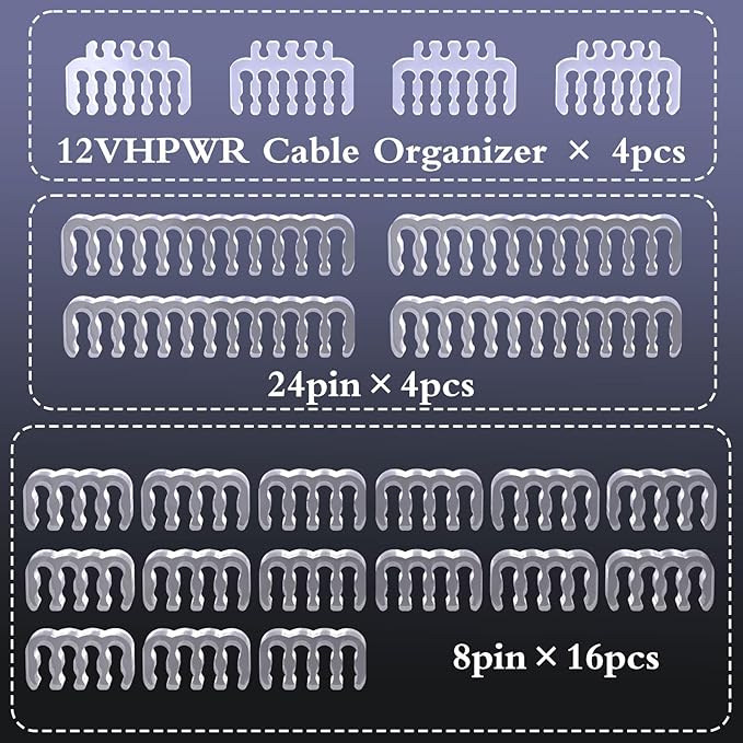 SIRLYR PC Cable Comb,PSU Cables Combs kit for Extension Cable Management 24 PCS Set 12vhpwr Cable x 4,24 pin x 4,8 pin x 16,3 mm/0.11In up to 3.5 mm/0.13 in Wire Gauge Transparent, XS-03