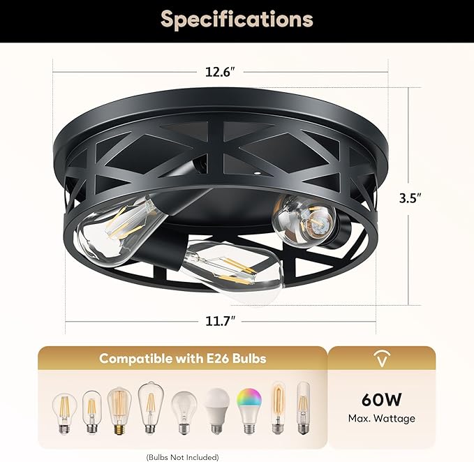 VONLUCE Flush Mount Ceiling Lights, 3-Light Hallway Ceiling Lighting Fixtures, 13 inch Farmhouse Metal Cage Ceiling Lights for Entryway Kitchen, Adjustable Lamp Holders, 2 pcs, Black