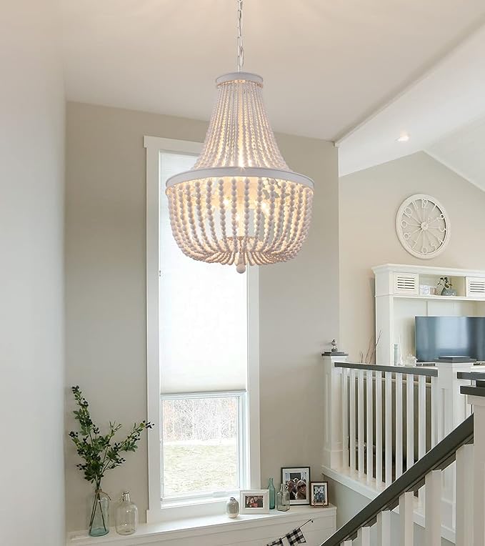 Q&S Beaded Chandelier Farmhouse White Wood Beaded Boho Light Fixture Vintage Antique 8 Lights for Dining Room Nursery Kitchen Foyer Bedroom Living Room UL Listed