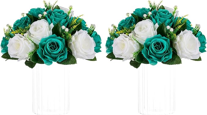 NUPTIO Flower Wedding Centrepieces for Tables - 2 Pcs 9.5in Diameter Teal & White Artificial Flowers Rose Ball for Centerpieces Table - Fake Rose Arrangements for Weddings Birthday Party Decorations