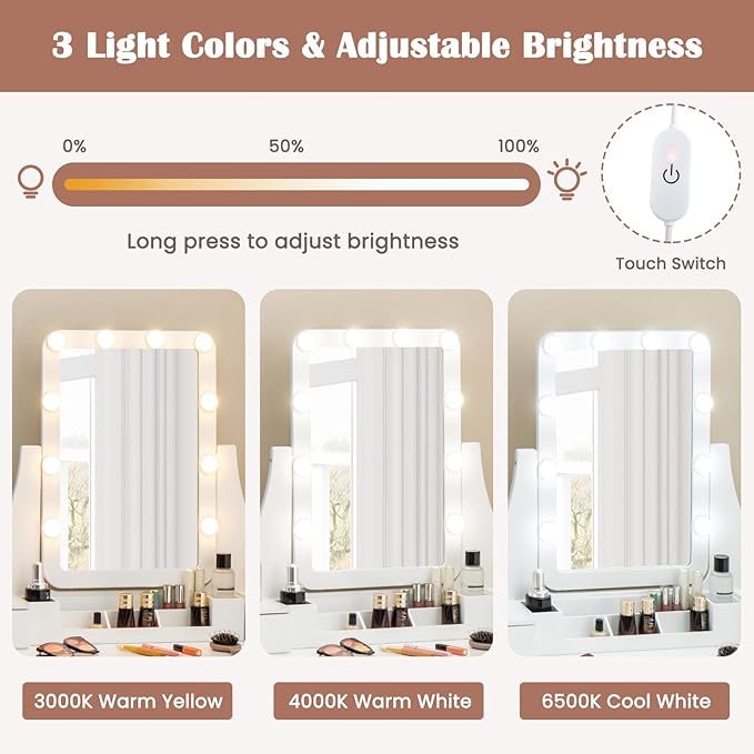 CHARMAID Vanity Desk with Mirror and Lights, Makeup Vanity Table with 5 Storage Drawers, 3 Color Lighting Modes, Adjustable Brightness, Modern Bedroom Dressing Table with Vanity Stool, White
