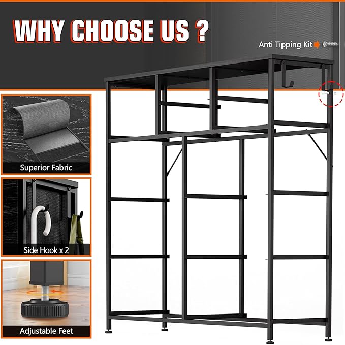 Dresser for Bedroom with 10 Drawers, Chest of Drawers with Side Pockets, Hooks, Wooden Top and Sturdy Metal Frame, Fabric Dresser Drawers for Living Room, Hallway (Black Wood Veins)