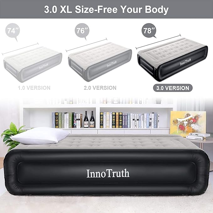 InnoTruth Raised Air Mattress with Built-in Pump,18in Elevated Inflatable Mattress with Carrying Bag for Home and Camping, Twin Size Blow Up Bed，Black