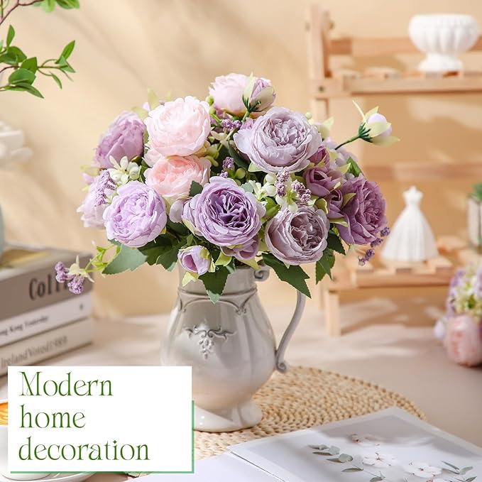 Geosar 8 Bundles Artificial Peonies Flowers Fake Silk Peony Bouquet Faux Peonies Flowers Bulk for Decoration Vase Floral Arrangements Wedding Party Table (Gray Purple,Light Purple)