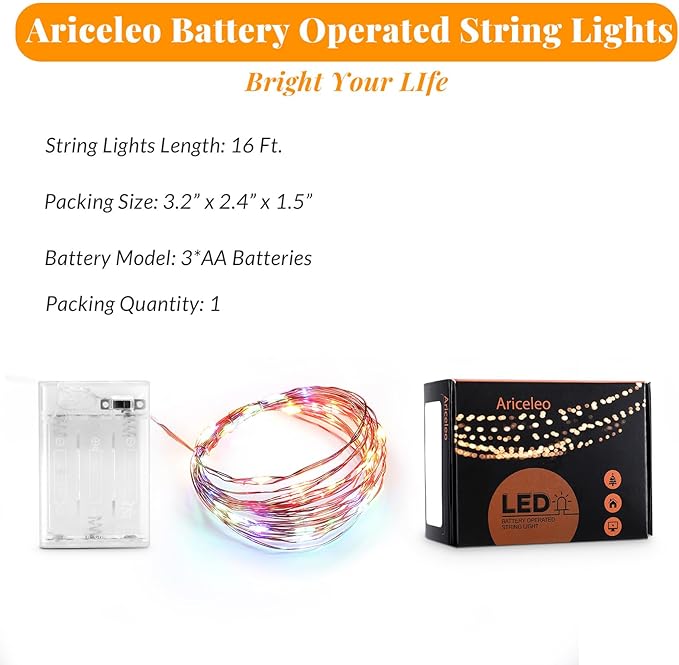 Led Fairy Lights Battery Operated, 1 Pack Mini Battery Powered Copper Wire Starry Fairy Lights for Bedroom, Christmas, Parties, Wedding, Centerpiece, Decoration (5m/16ft Multi-Colored)