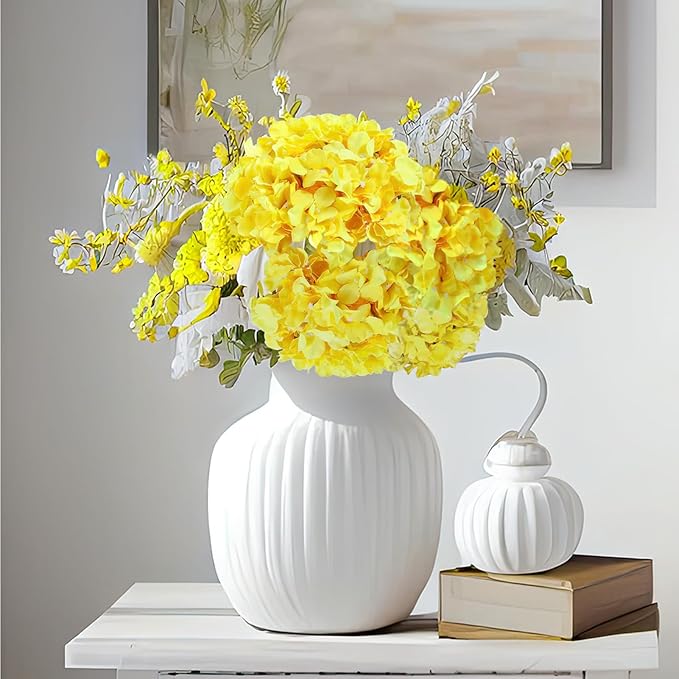 Auihiay 64pcs Hydrangea Artificial Flowers, Yellow Silk Hydrangea Heads with Stems, Hydrangea Flowers for DIY Wedding Centerpiece Baby Shower Home Party Decor (Yellow)