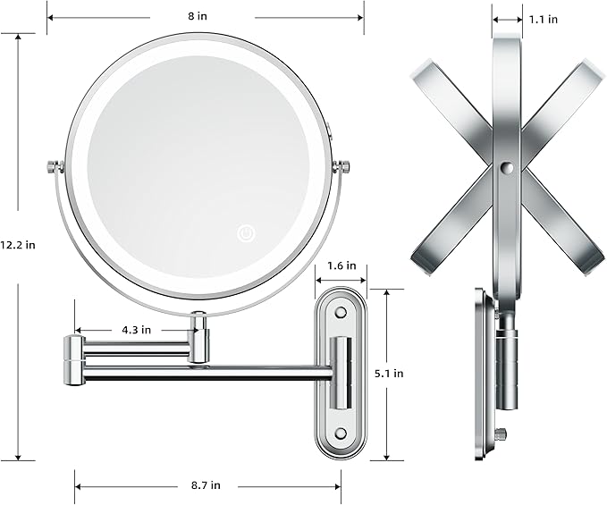 Rocollos Two-Fingers-Width Narrow Base Rechargeable Wall Mounted Lighted Makeup Mirror,3 Color Lights Dimmable Touch Screen,8 Inch LED Double Sided 1X/10X Magnifying Mirror (Polishing Chrome)