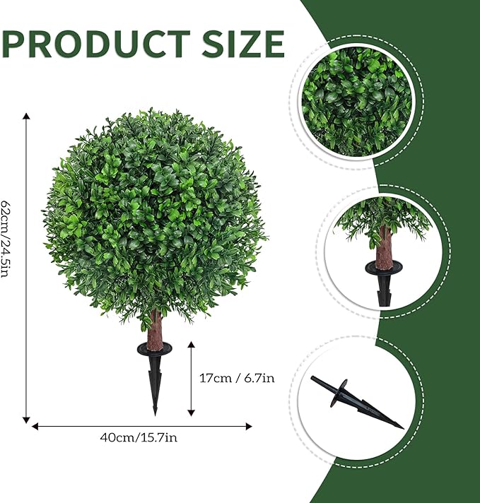 24.5" Artificial Boxwood Topiary Ball Tree with Ground Plugs [Set of 2] UV Protected Artificial Shrubs, Fake Evergreen Artificial Plants for Indoor and Outdoor Porch Garden