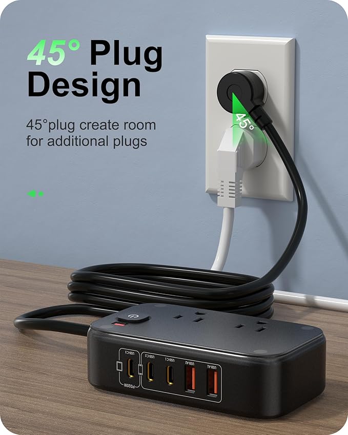 Portable Travel Power Strip 7-in-1 with PD20W Fast Charging 5 USB Ports 2500W AC Outlets 5FT Flat Plug Extension Cord for Home Office Travel