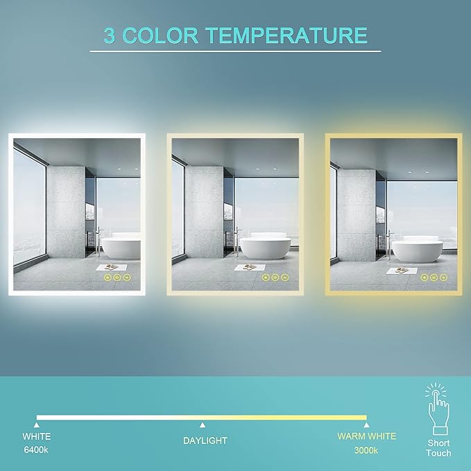 Wall-Mounted LED Square Bathroom Mirror, Makeup Mirror (36 inches x 30 inches,) 3 Color Stepless Dimmable Memory Bathroom Vanity Mirror with Lights CRI90+ 3000~6400K Smart Mirror with Touch