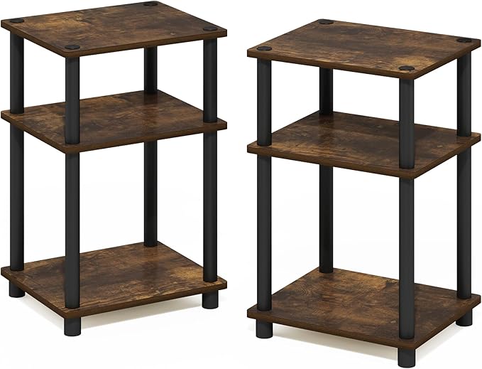 Furinno JUST Side Table Set of 2, 3-Tier End Tables, Open Shelves Night Stand, Nightstand, Toolless Assembly, for Living Room, Bedroom, Amber Pine