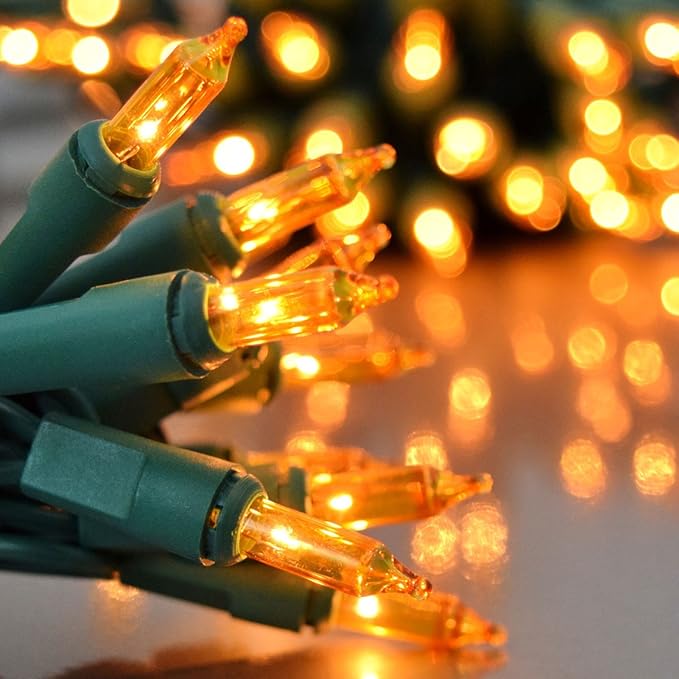 Holiday Pride Yellow Gold Christmas Lights on Green Wire - 100 Count Gold Christmas Tree Lights (24 Ft) - Indoor/Outdoor Use - UL Listed - Static/Flashing Modes - Connectable