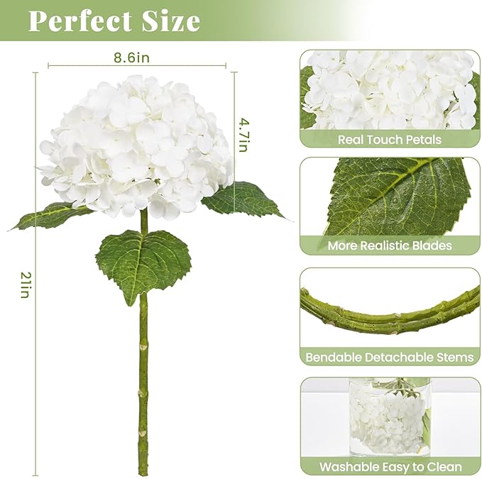 MARTINE MALL 2Pcs 21in Hydrangea Artificial Flowers, Latex Real Touch Hydrangeas Lifelike Large Hydrangea Flowers for Home Decor Party Arrangements Wedding Bouquets Centerpieces (White)