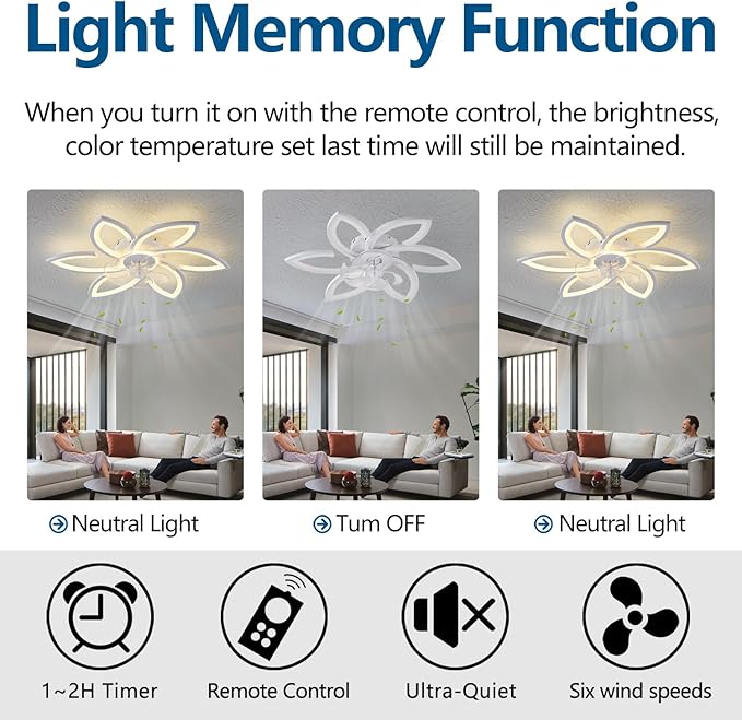 Ceiling Fan with Lights Remote Control, White Flower Ceiling Fan with Light, 3 Light Color Modern Low Profile Flush Mount Ceiling Fan for Kitchen Bedroom Living Room