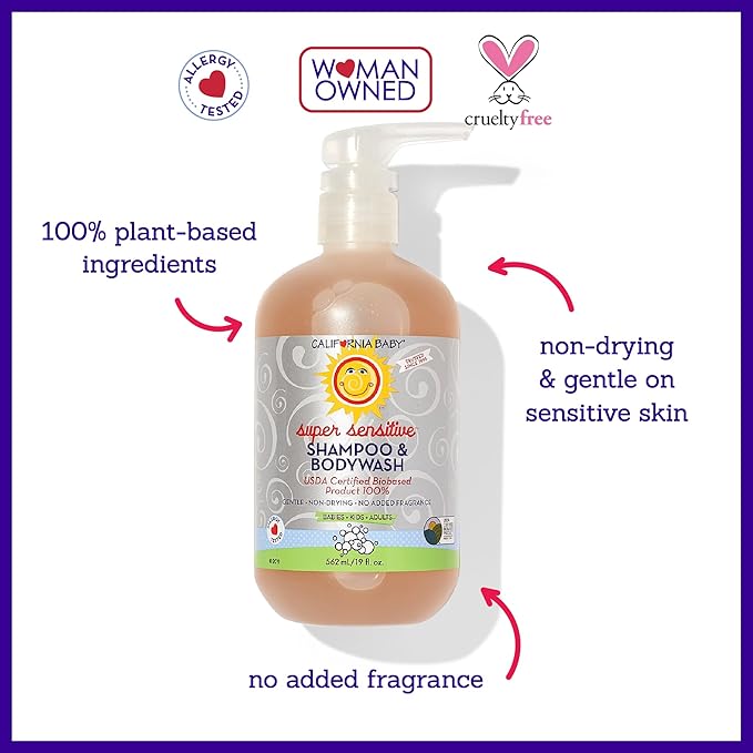 California Baby Super Sensitive Baby Shampoo + Baby Wash | 100% Plant-Based | Unscented Body Wash For Sensitive Skin | Hypoallergenic | 562 mL / 19 oz