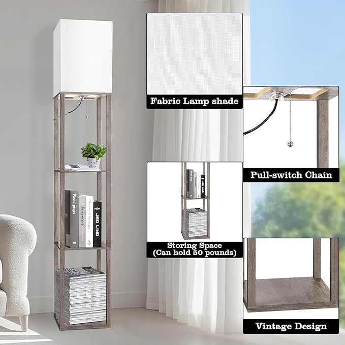 RUNTOP Floor Lamp with Shelves, Shelf Lamp with 3 Color Temperature LED Bulb,Lamps for Living Room, Standing Lamp Modern Tall Standing Light Display Shelf Floor Lamps for Bedroom, Office Home Decor
