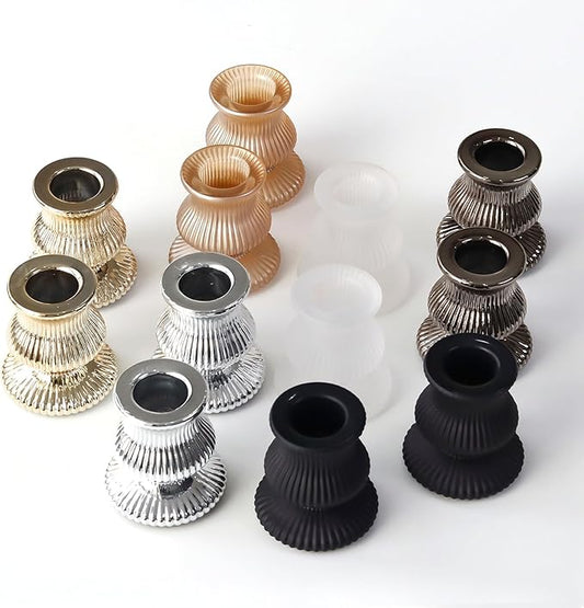 WDHODEC Black Gold Candlestick Holders 12PCS Glass Taper Candle Holders for Table Centerpiece Colorful Candle Sticks for Modern Wedding, Party and Festival Decoration