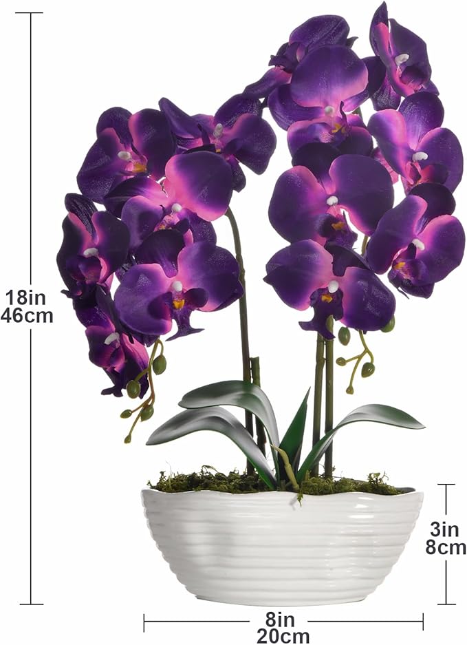 Large Artificial Potted Orchid Plant, Silk Flower Arrangement with Ceramics Vase, Dark Purple