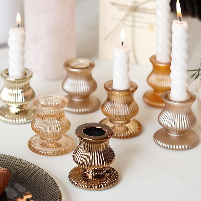 WDHODEC Gold Candlestick Holders 12PCS Glass Taper Candle Holders for Table Centerpiece Colorful Candle Sticks for Wedding, Party and Festival Decoration