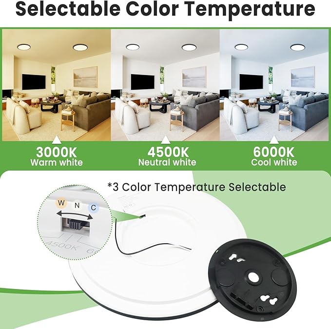 zemty Black Ceiling Light 9 Inch,24W 2400lm Bright LED Flush Mount Light Fixture 3000K/4500K/6000K Adjustable,Thin Flat Ceiling Lamp for Bathroom Closet Pantry Hallway - 2Pack
