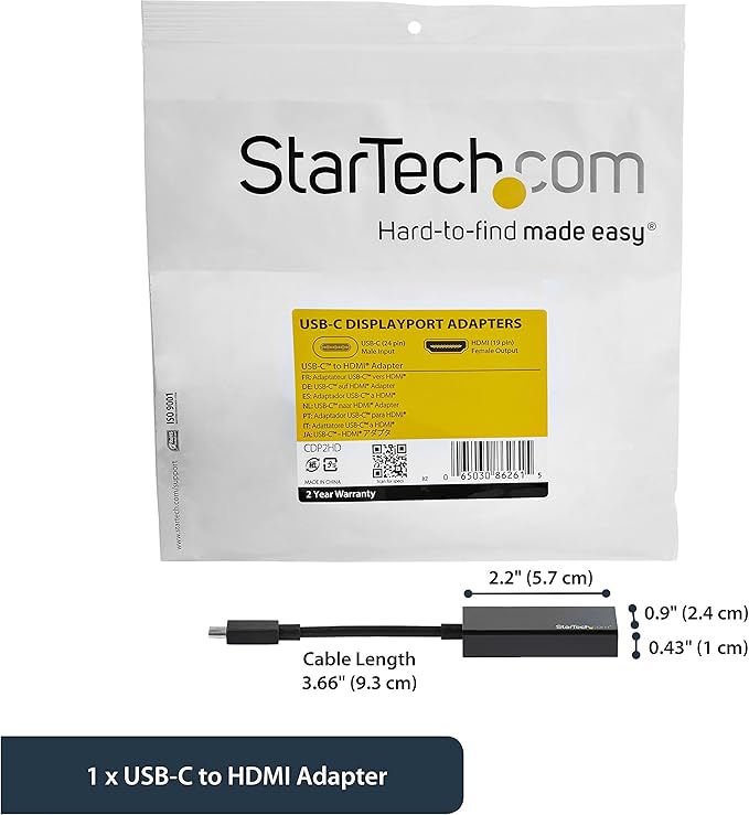 StarTech.com USB-C to HDMI Video Adapter Converter - 4K 30Hz - Thunderbolt 3 Compatible - USB 3.1 Type-C to HDMI Monitor Travel Dongle Black (CDP2HD)