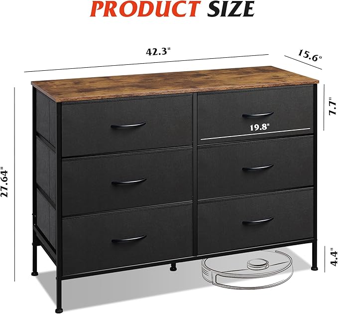 WLIVE Wide Dresser with 6 Drawers, TV Stand for 50 Inches TV, Entertainment Center with Metal Frame, Wooden Top, Fabric Storage Dresser for Bedroom, Hallway, Entryway, Black and Rustic Brown
