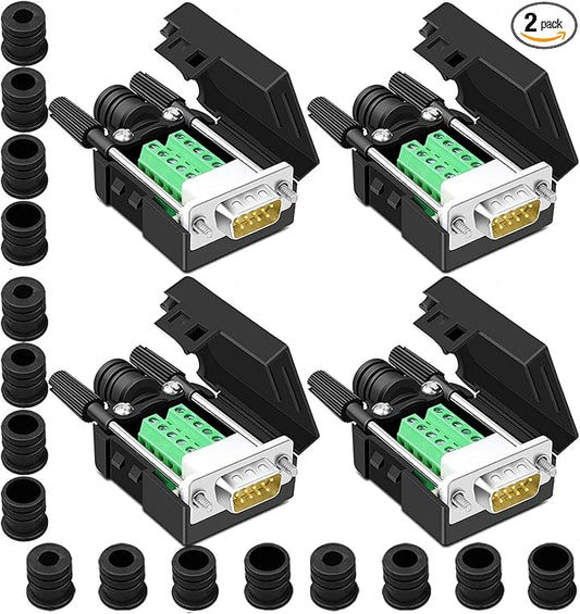 4PCS DB9 Male Breakout Connector,DB9 Solderless RS232 D-SUB Serial to 9-pin Port Terminal Adapter Connector Breakout Board with Case Long Bolts Tail Pipe