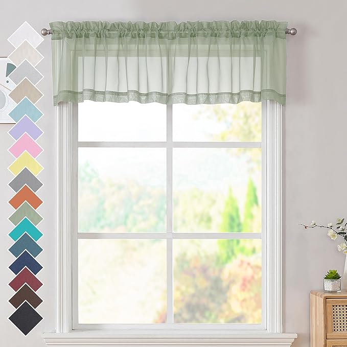 OVZME 2 Panels Sage Green Semi Sheer Valance - Short Fresh Curtain Valances for Windows, Basement, Kitchen Window, Dual Rod Pocket (Sage Green, 42 by 14 Inches Long)