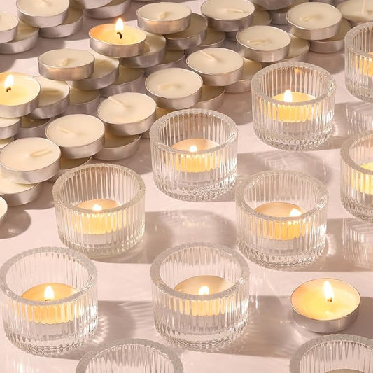 12Pcs Clear Votive Candle Holders with 20pcs Tea Light Candles, Ribbed Tealight Candle Holder Glass for Wedding Table Centerpiece, Home Decor, Party Decor