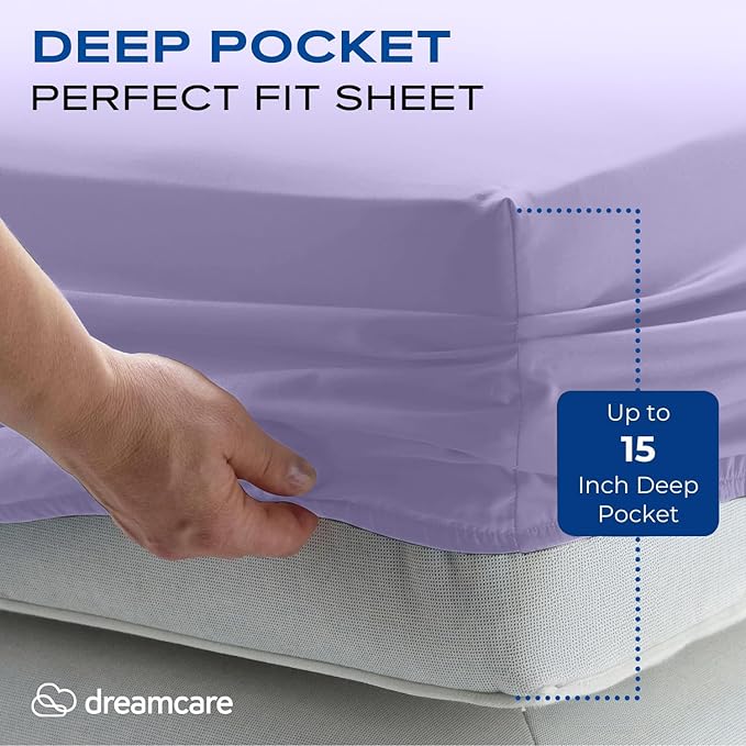 DREAMCARE Full Size Sheets Set - 4 Pcs Cooling Bed Sheets with Up to 15" Deep Pockets - Soft, Long-Lasting 100% Brushed Polyester with Side Pocket (Lavender)
