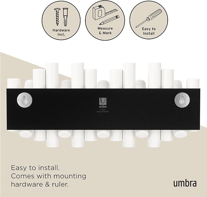 Umbra Picket Wall-Mounted Coat Rack Rail Hook with 5 Retractable Wood Pegs – Modern, Space-Saving Storage Organizer, White