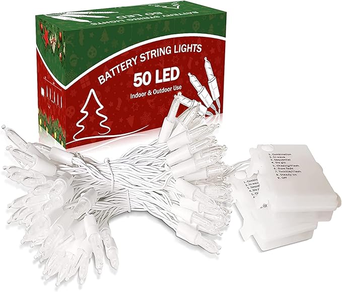 KOUQIYA Battery Operated Christmas Lights White Wire, 2 Pack17ft 50 LED Mini String Light with Auto-Timer 8 Modes Waterproof Tree Lights (Warm White)