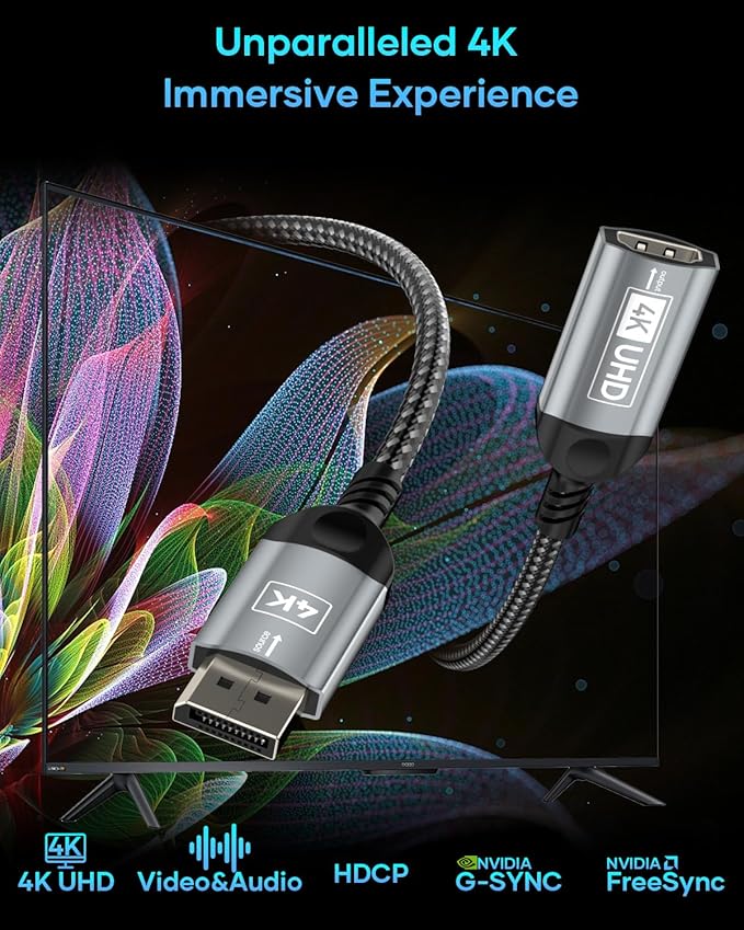 4K DisplayPort to HDMI Adapter, Unidirectional DP (Display Port) Male to HDMI Female Converter Compatible with Lenovo, HP, Dell, AMD, NVIDIA, More Passive