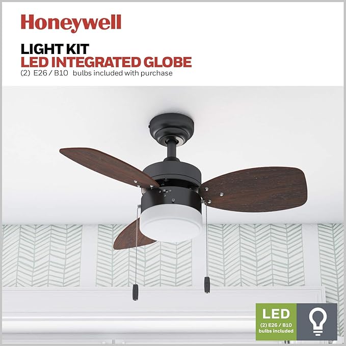 Honeywell Ceiling Fans Ocean Breeze Modern 30 Inch Ceiling Fan with Light, Pull Chain LED Indoor Fan with 3 Blades, Dark Brown Chestnut and Light Oak Blade Finish Options, Bronze (50602-01)
