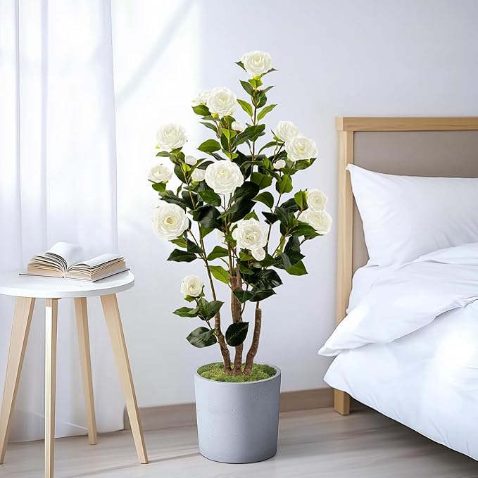 Artificial Camellia Tree 2 Pack, Artificial Plants Outdoor Faux Floral Plant in Cement Pot Fake White Silk Camellia Tree Plants for Home House Living Room Office Decor (White)