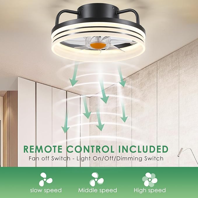 Ceiling Fans with Lights and Remote - Flush Mount Low Profile Ceiling Fans - 13” Bladeless Enclosed Ceiling Fans with Led Light and Stepless Dimming, Small Modern Ceiling Fan for Bedroom