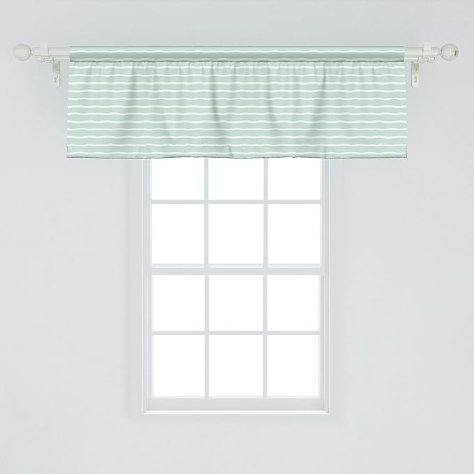 Ambesonne Pastel Window Valance Pack of 2, Horizontal Wavy Lines White Striped Abstract Soft Toned Nautical Art Display, Rod Pocket Curtain Valances for Kitchen Bedroom, 54" X 18", Almond Green White