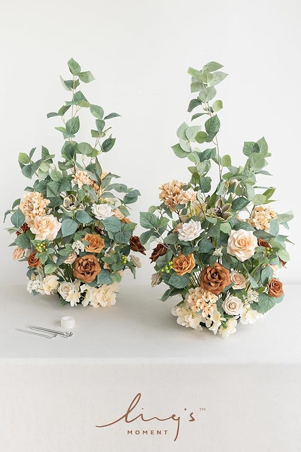 Ling’s Moment 41.0"Tall Free-standing Wedding Aisle Artificial Flowers for Ceremony Decor, 2PCS Apricot & Peach Walkway Fake Floral Chair Markers, Faux Rose Altar Arch Arrangement decorations Outdoor