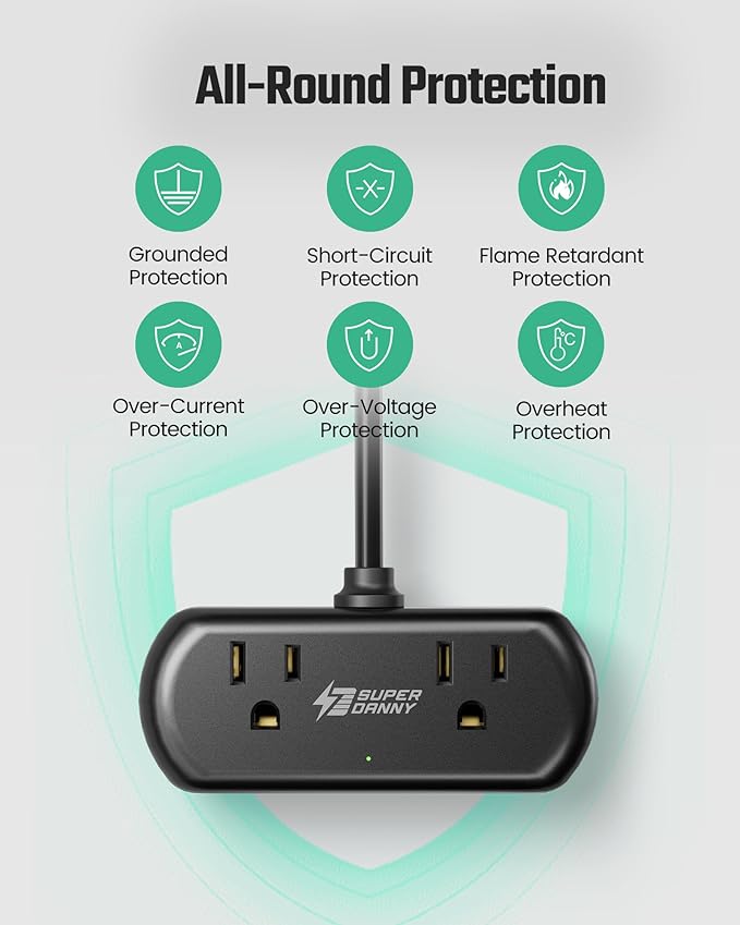 2Ft Extension Cord, SUPERDANNY Mini Surge Protector with 2 Wide-Spaced Outlets, USB Power Strip, 3 USB-A 1 USB-C, Flat Plug, Compact Size Desktop Charging Station Travel, Home, Office, Black