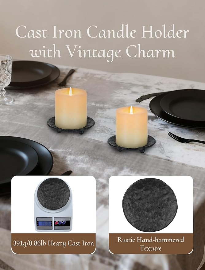 Cast Iron Pillar Candle Holder: 4.6 in Black Pillar Candle Plate Pedestal Stand Vintage Decorative Tray for 3 Wick Jar Candles Tealight Votive for Table Home Halloween Set of 2