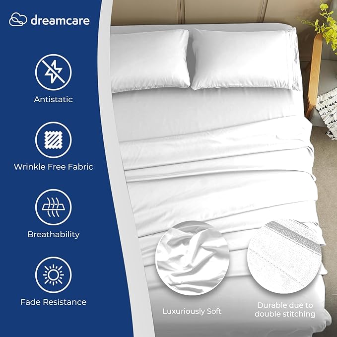 DREAMCARE Twin XL Sheet Sets - 4pc Cooling Sheets XL Twin Sheets - Twin XL up to 21” Deep Pocket – Hotel Luxury Extra Long - White
