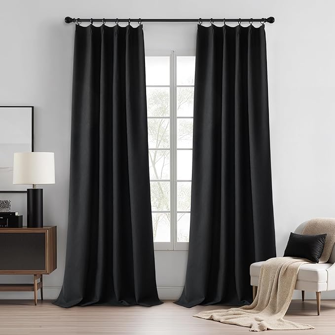 KangBang Pinch Pleat Black Out Linen Curtains 96 Inches Long, Noise Blocking Modern Pleated Drapes for Living Room with Hooks, Light Blocking Vertical Drapes for Office Hotel 2 Panels,40Wx96L, Black