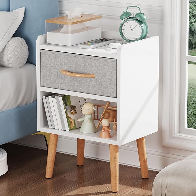 LUCKNOCK White Night Stand with Drawer, Mid Century Modern Bedside Table, Sturdy Wood Nightstand with Open Storage Shelf, Small Bedside Table for Bedroom, Kids Room & Small Spaces.
