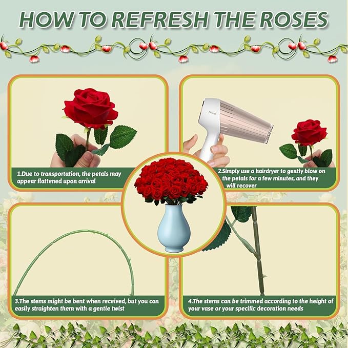 100 PCS Fake Red Roses, Artificial Red Flowers Bulk Realistic Silk Faux Rose with Stems for Wedding Decoration Anniversary Bridal Bouquet DIY Floral Arrangement Romantic Home Decor Gifts