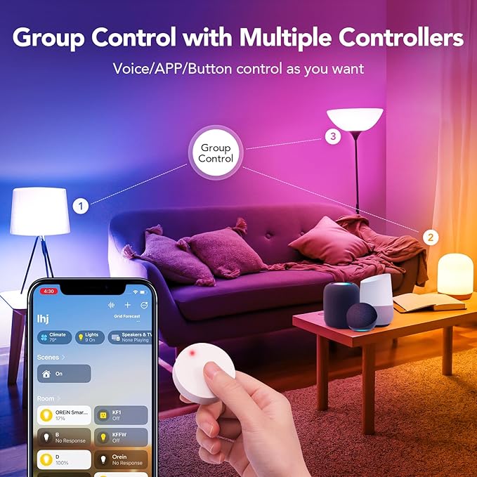 OREiN Matter Smart Light Bulb, BR30 Smart Bulbs with Remote 650LM 60W, Recessed Color Changing Bulbs RGBTW, Smart Flood Light Bulb Compatible with Alexa, Apple Home, Google Home, SmartThings, 4Pack