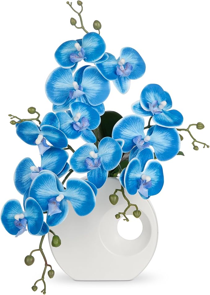 Briful Artificial Orchid Flowers in Modern Ceramic Vase 15.7" Tall Blue Faux Orchid Arrangement Silk Orchid Flower Fake Orchid Centerpiece for Home Office Room Wedding Table Décor