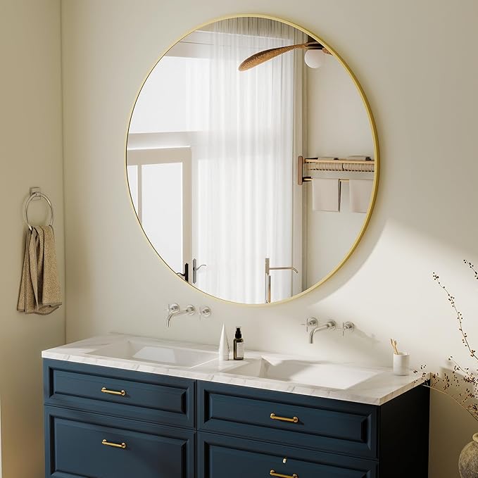 HARRITPURE 48 Inch Round Mirror, Gold Circle Bathroom Mirror, Modern Aluminum Alloy Frame Large Vanity Wall Mirror for Living Room, Bedroom, Entryway