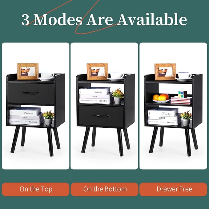 Yoobure Night Stand with Fabric Drawer, Modern Nightstand, Bedside Tables, Mid Century Nightstands with Open Storage Shelf, Wood Bedside Table, Small Night Stands for Bedrooms, 2-Tier Night Table