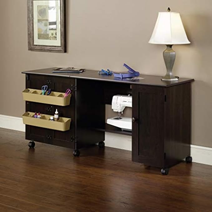 Sauder Miscellaneous Storage Easy Rolling Sewing and Craft Table/Cart/ Pantry cabinets, Cinnamon Cherry finish